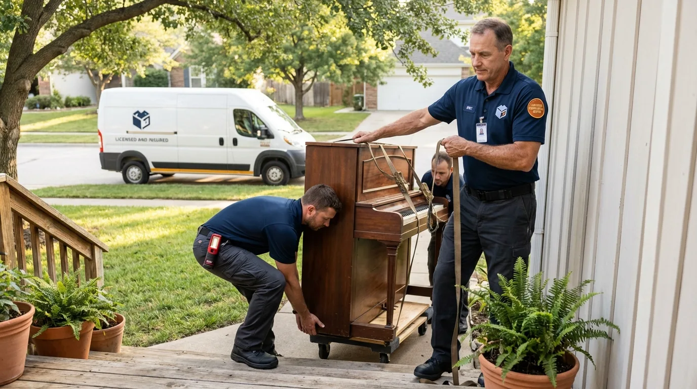 Licensed piano movers securing grand piano in Stockbridge, MA
