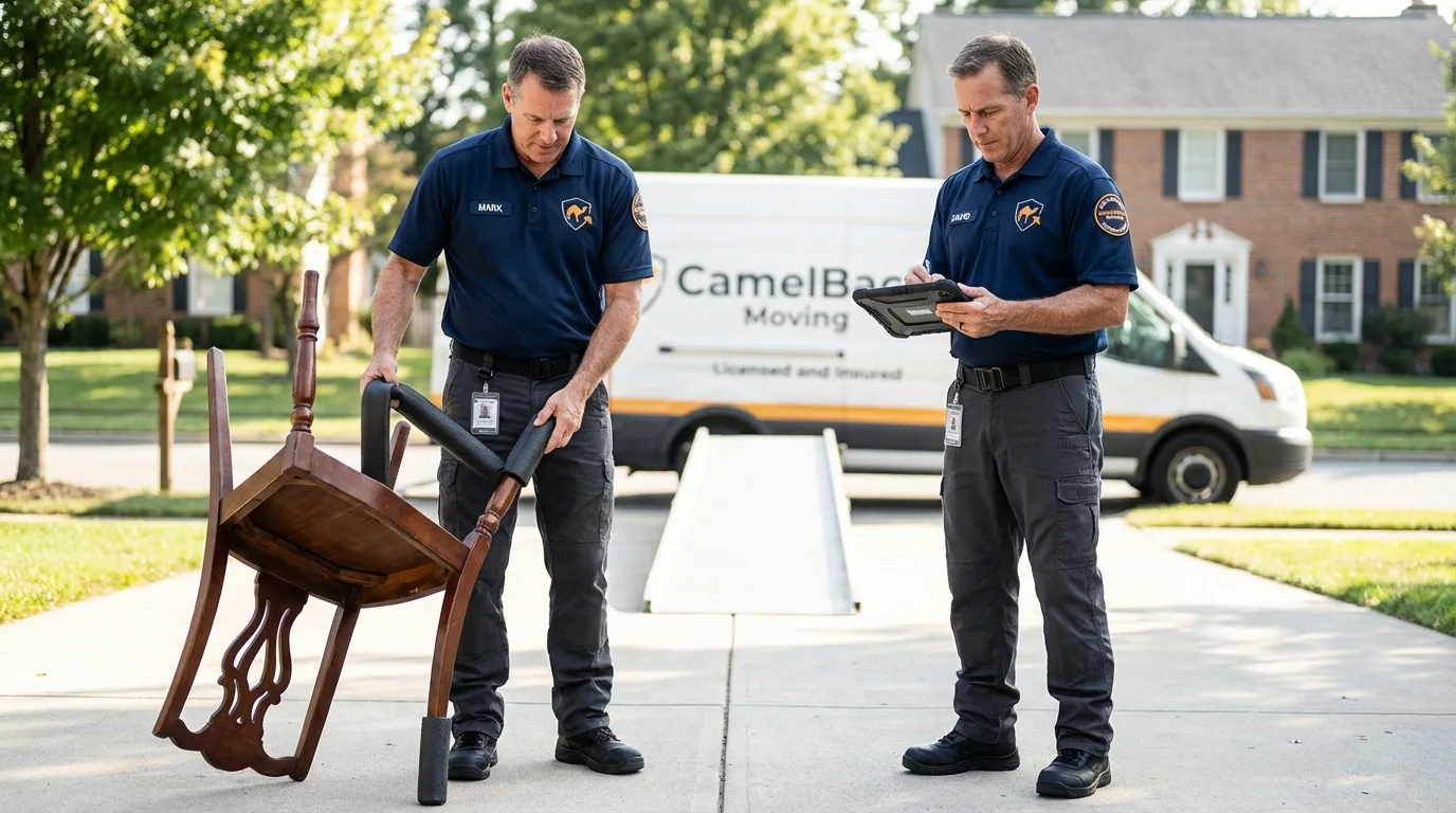 Movers inspecting furniture for damage prevention before loading in Stockbridge, MA