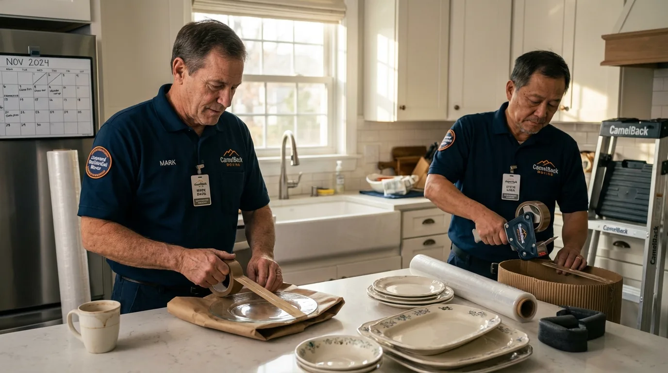 Professional crew packing kitchen dishware in Stockbridge, MA